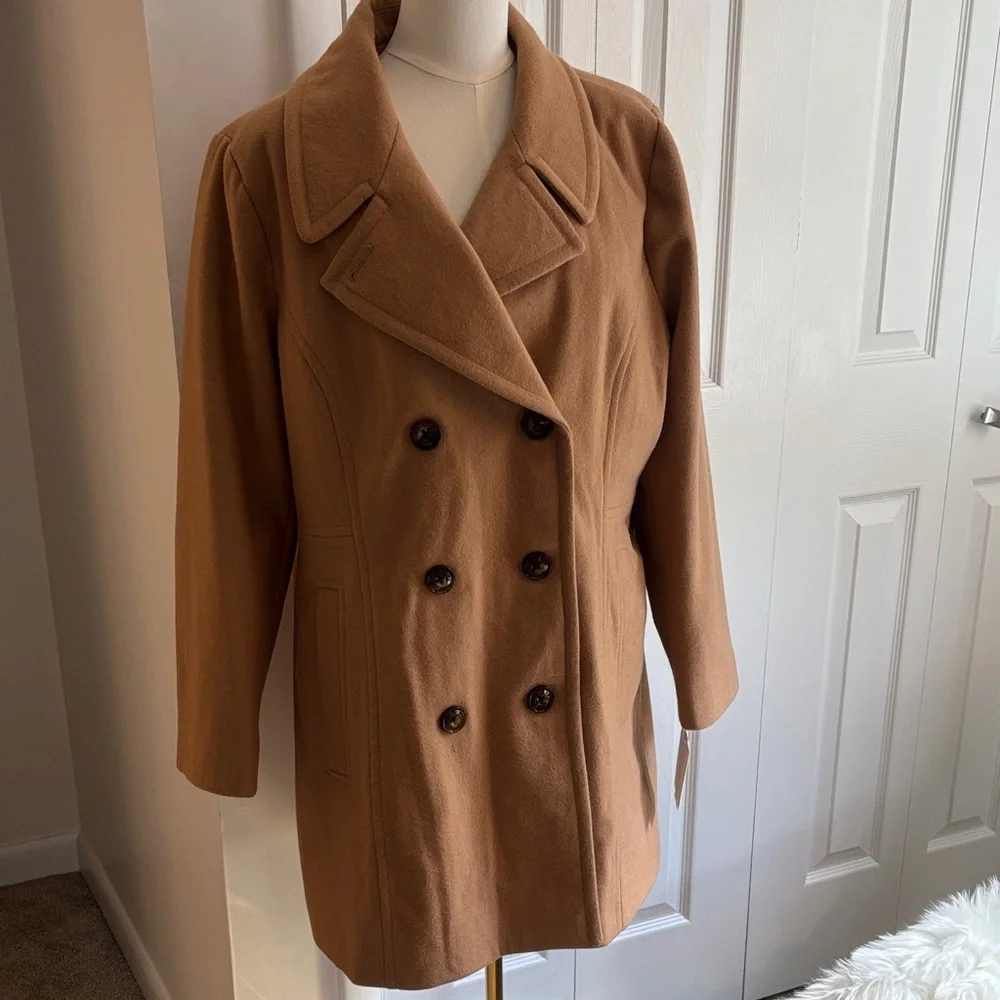 NWT Anne Klein Women's Camel  Double-Breasted wool  Pea Coat Sz XL - Picture 2 of 13